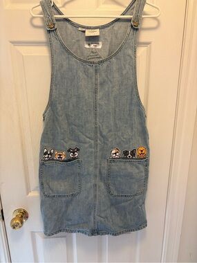 Vero Moda Light Blue Denim Jumper Dress with Handmade Dog Pocket Embroidery